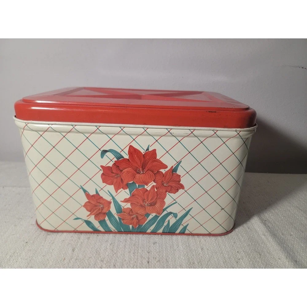 Vintage Tin Metal Breadbox Cream Red Floral Lattice Print Kitchen Storage Box